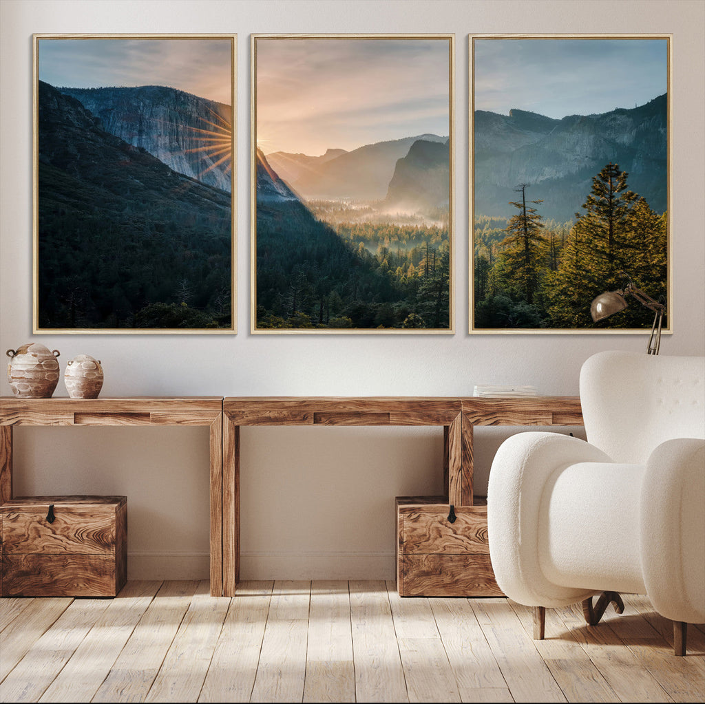 Yosemite Valley Wall Art Canvas Print, Framed Mountain Landscape National Park Art