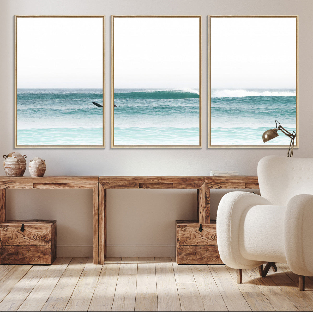 Surfing Wall Art Canvas Print, Framed Minimalist Ocean Waves Beach Art