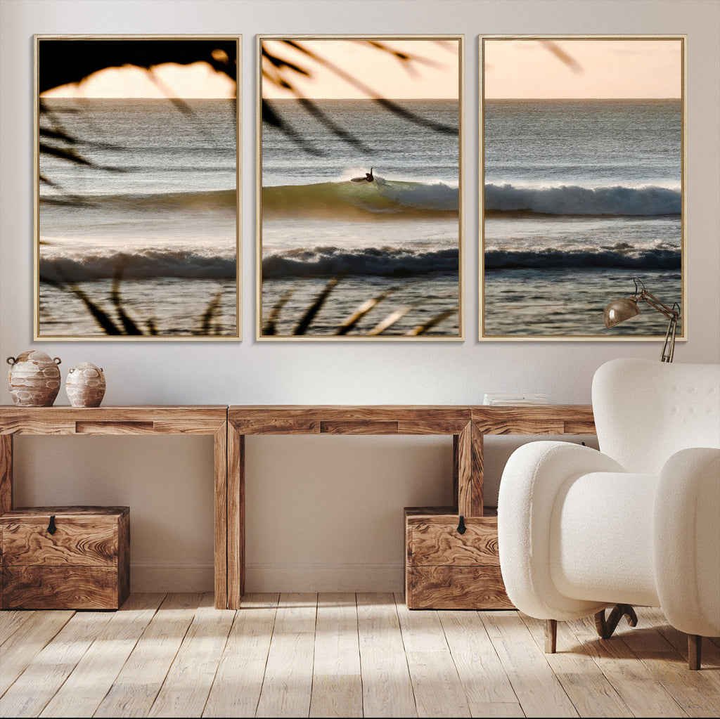 Sunset Surf Wall Art Canvas Print, Framed Golden Hour Waves Boho Beach Art