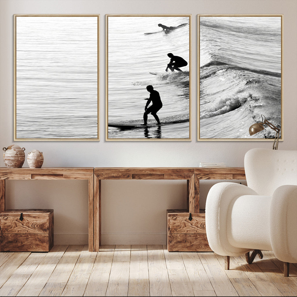 Surfers on Waves Wall Art Canvas Print | Framed Black and White Surf