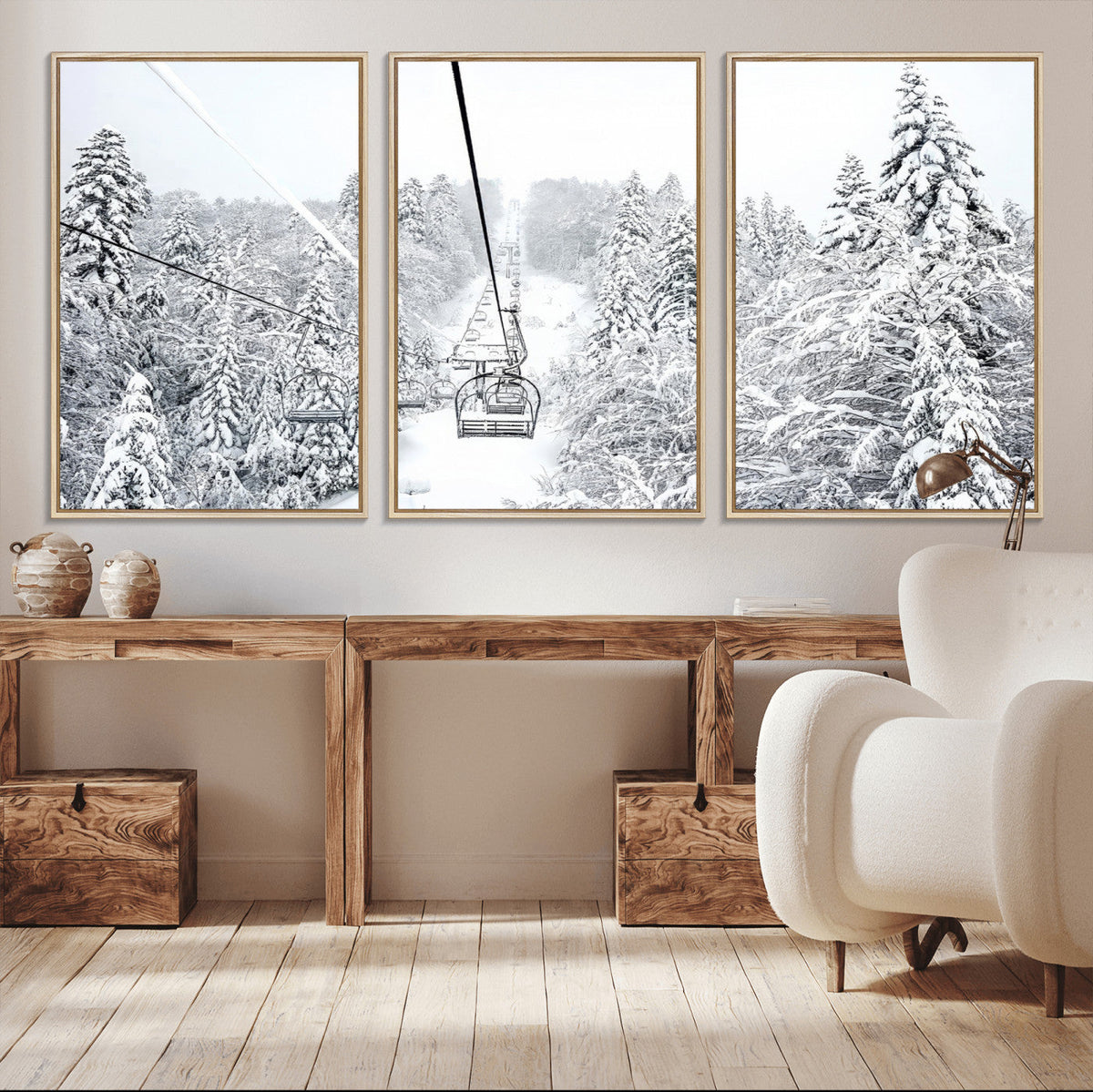 Snowy Ski Lift Wall Art | Framed Winter Mountain Canvas