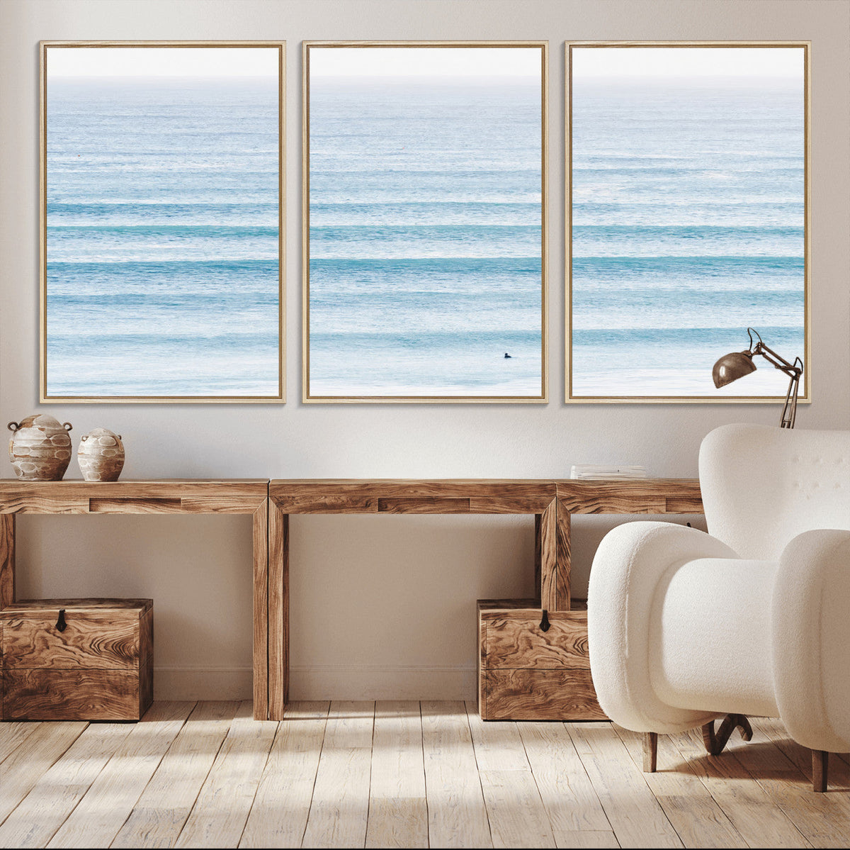 Ocean Wave Surfer Wall Art | Framed Minimal Seascape Canvas