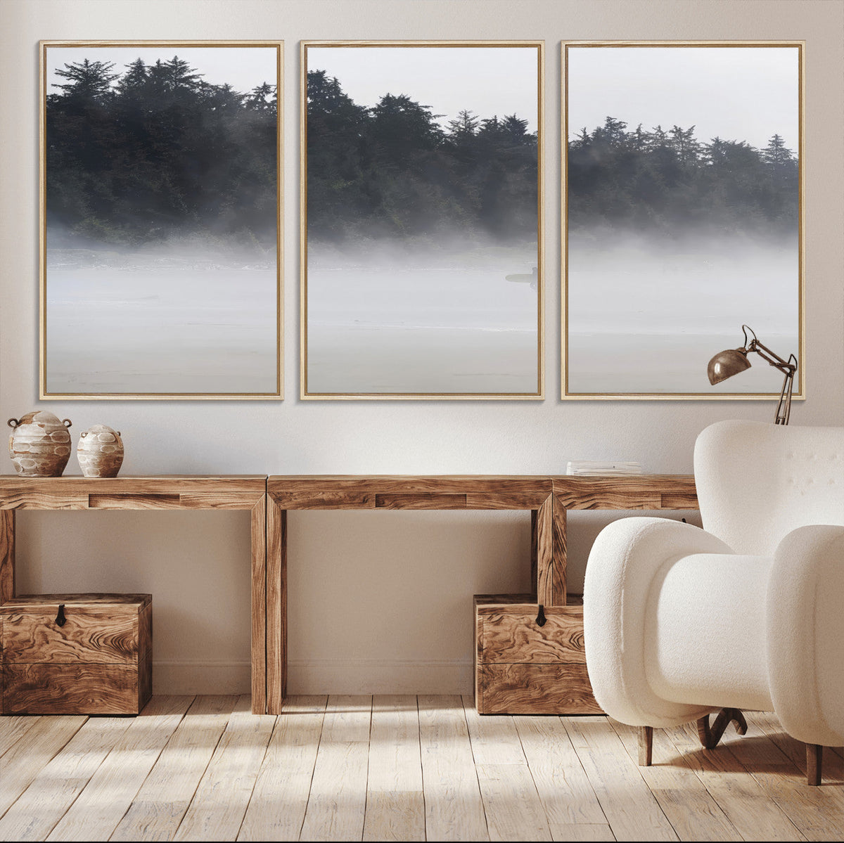 Surfer Fog Wall Art Canvas Print, Framed Foggy Beach and Coastal Surf Scene