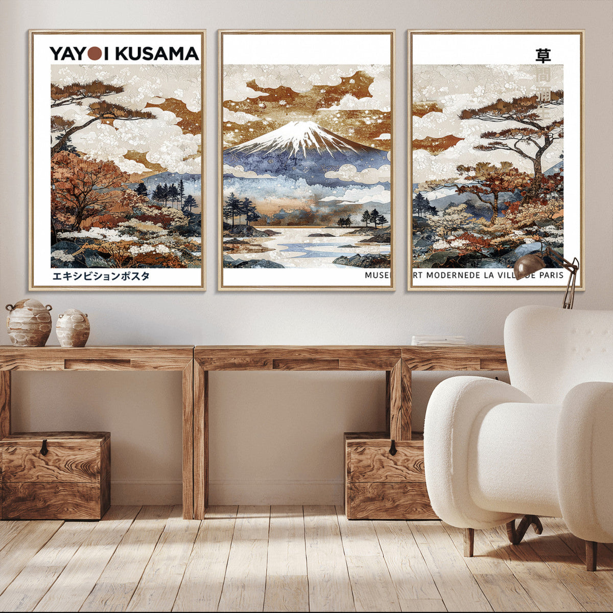 Modern Japanese Wall Art Canvas Print, Framed Abstract Mount Fuji Landscape, Yayoi Kusama Canvas Wall Art