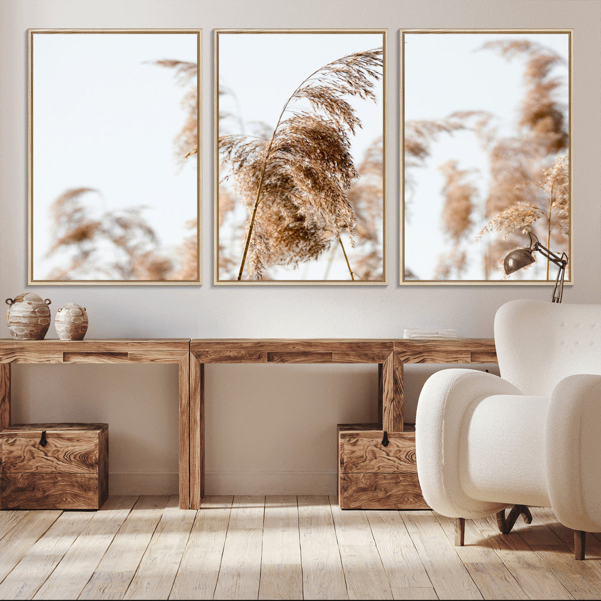 Pampas Grass Wall Art Canvas Print, Framed Neutral Tones Minimalist Boho