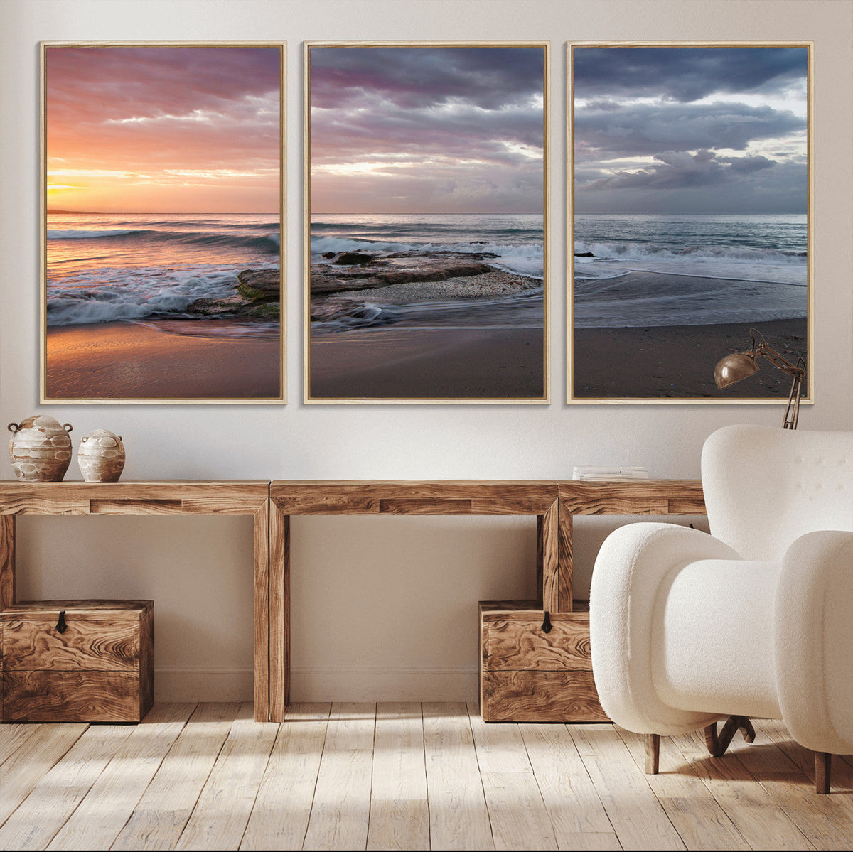 Golden Hour Wall Art Canvas Print, Framed Tranquil Waves Beach Sunset