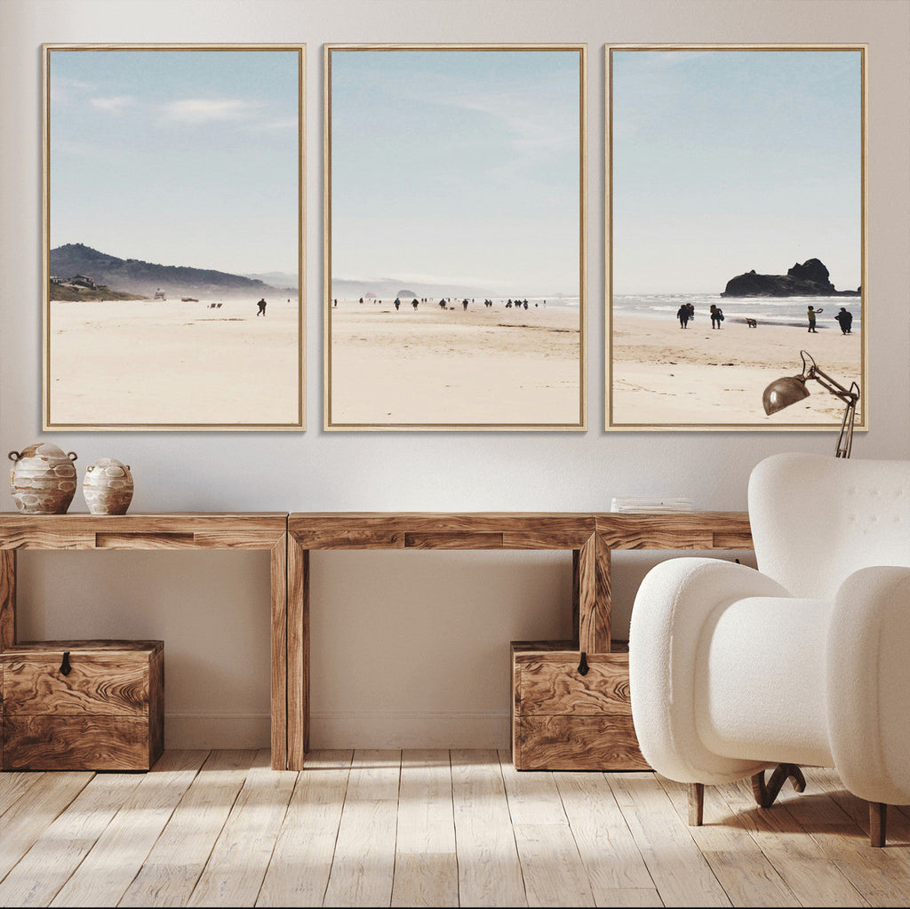 Minimalist Beach Wall Art Canvas Print, Framed Coastal Serenity Soft Sand
