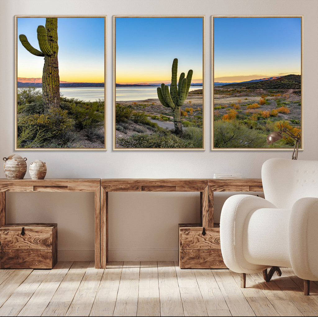 Saguaro Cactus Wall Art Canvas Print, Framed Desert Sunset Southwestern
