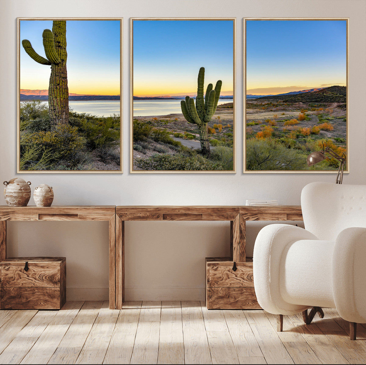 Saguaro Cactus Wall Art Canvas Print, Framed Desert Sunset Southwestern
