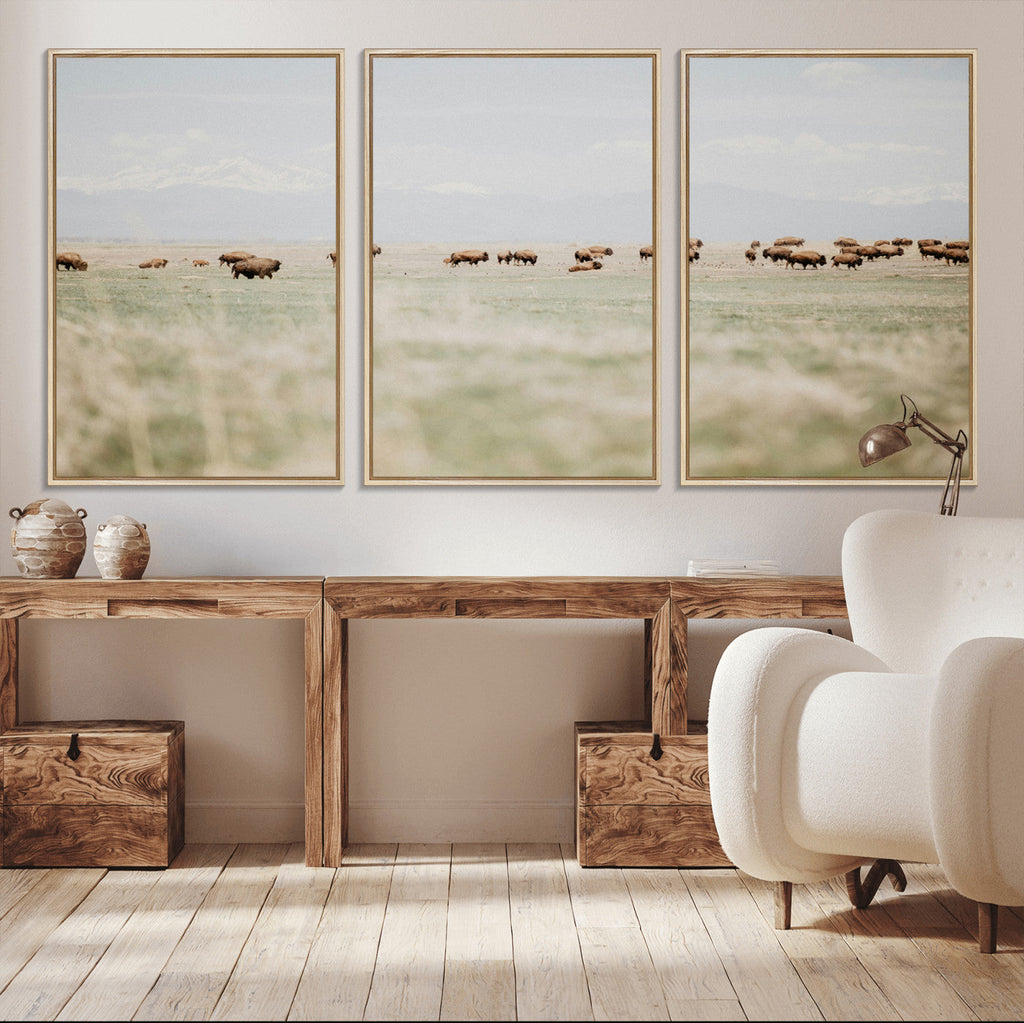 Bison Herd Wall Art Canvas Print, Framed Western Ranch Nature Scene