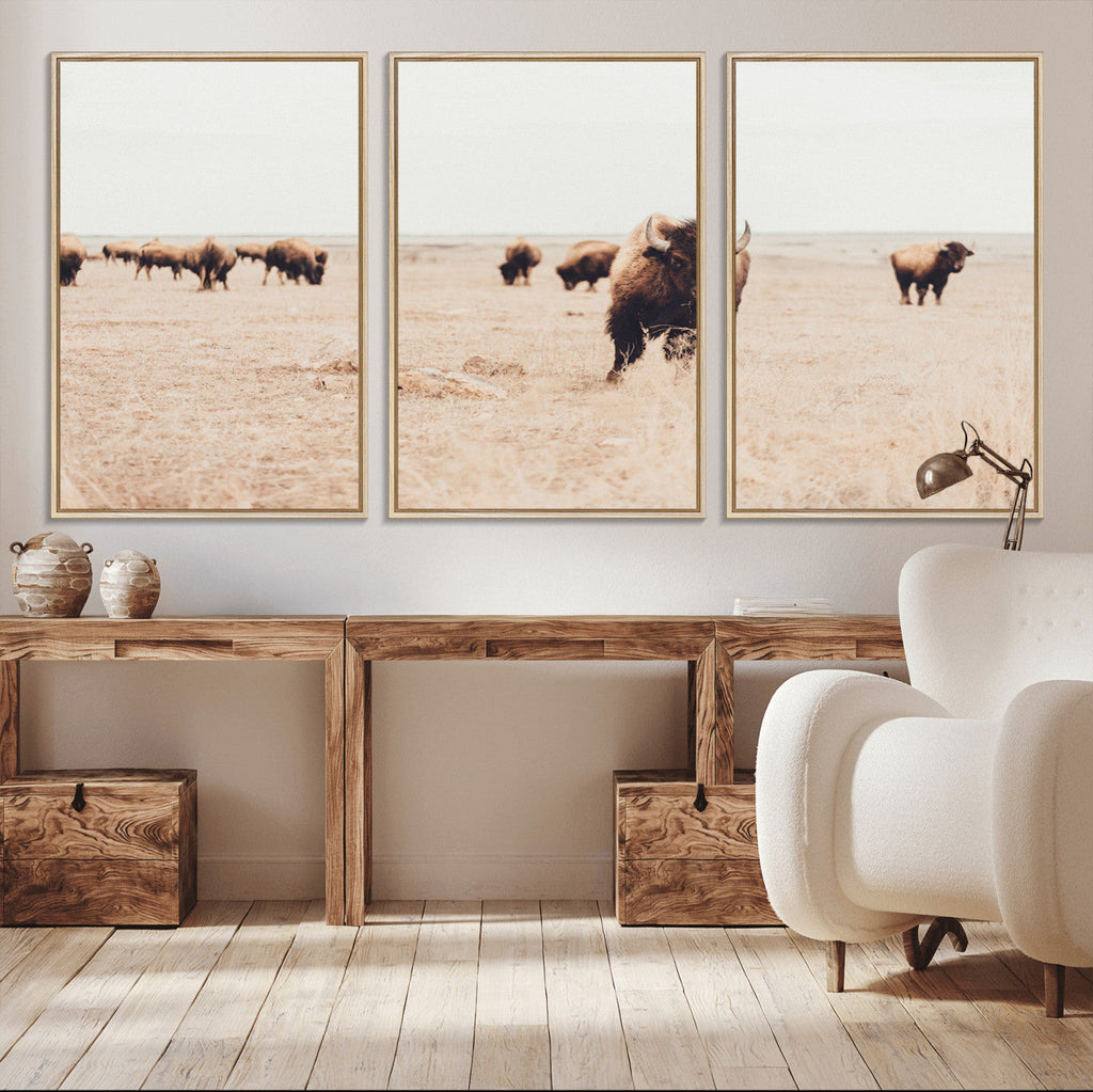 Bison Herd Wall Art Canvas Print, Framed Western Prairie Serenity