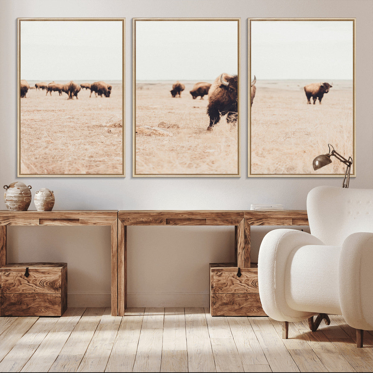 Bison Herd Wall Art Canvas Print, Framed Western Prairie Serenity