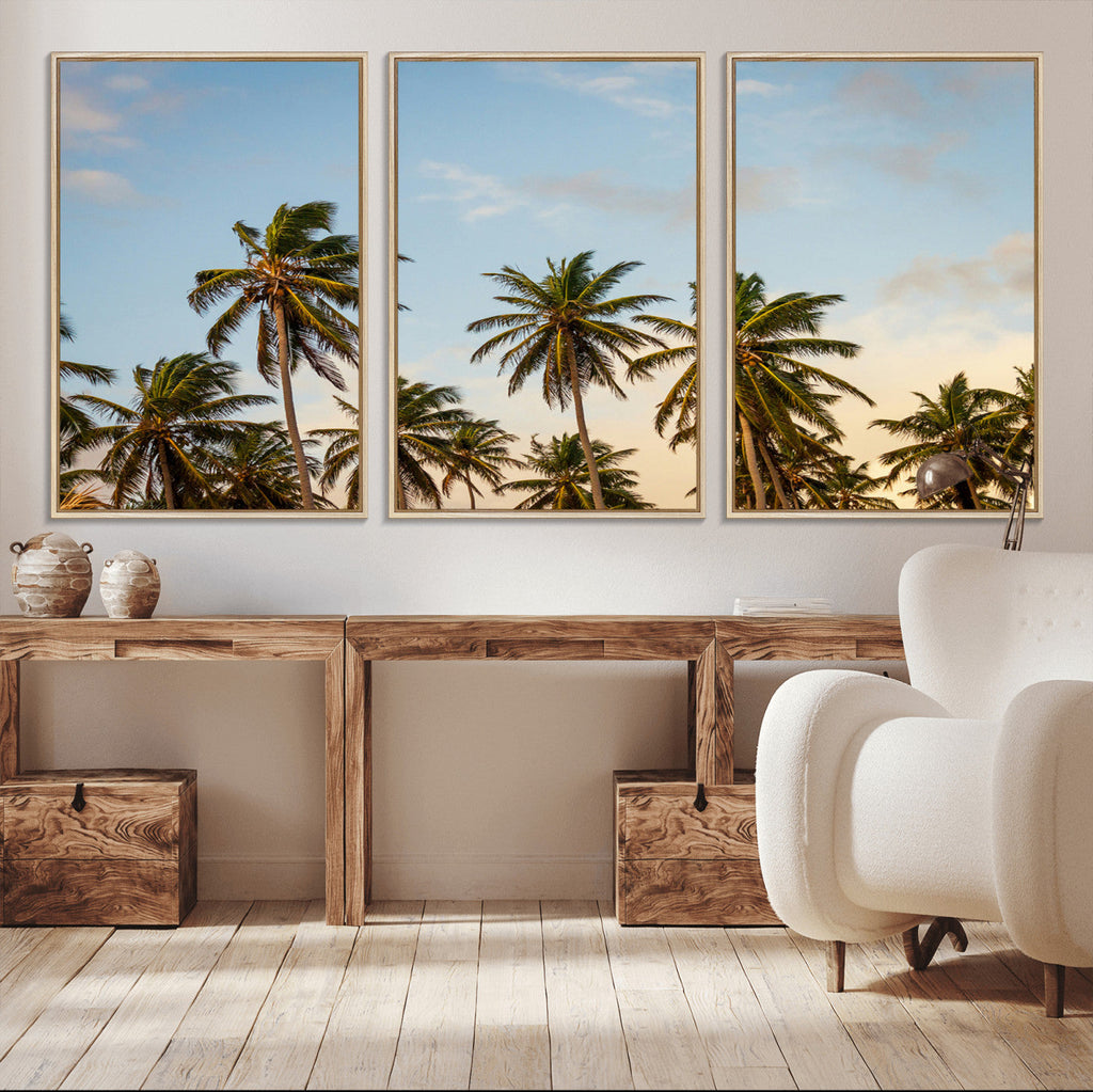 Palm Trees Wall Art Canvas Print, Framed Tropical Vibes Coastal Sunset