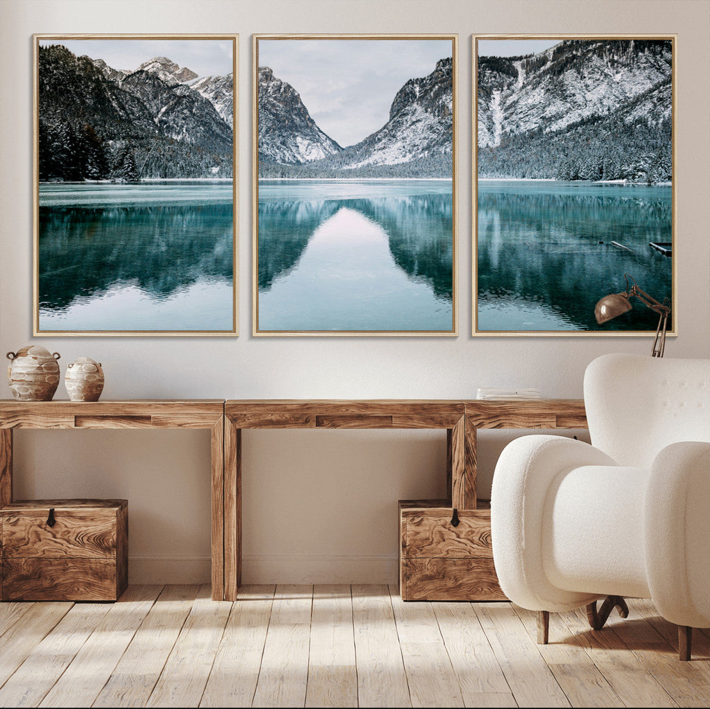 Mountain Lake Wall Art Canvas Print, Framed Toblacher See Winter Wonderland
