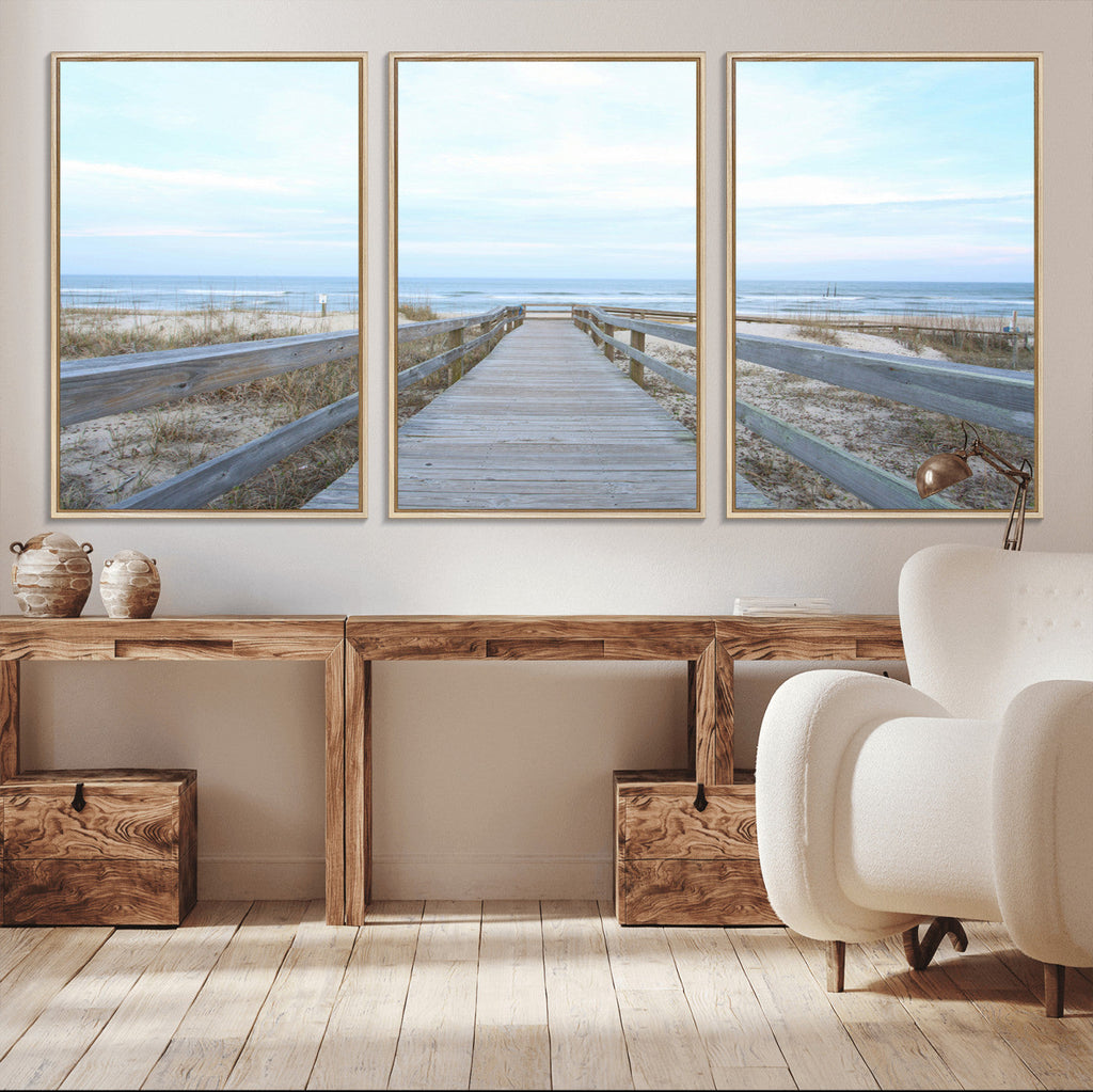 Beach Boardwalk Wall Art Canvas Print, Framed Coastal Serenity Ocean View