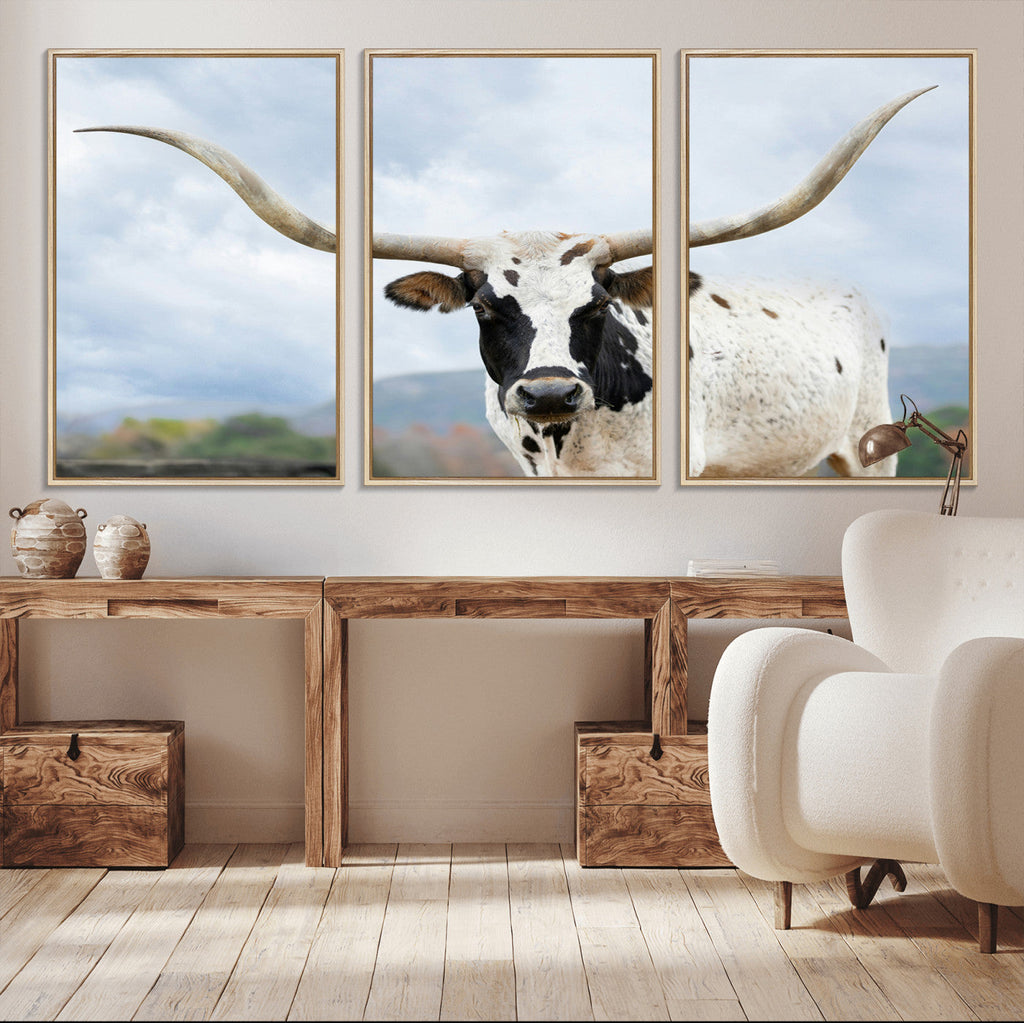 Texas Longhorn Wall Art Canvas Print, Framed Western Rustic Farmhouse