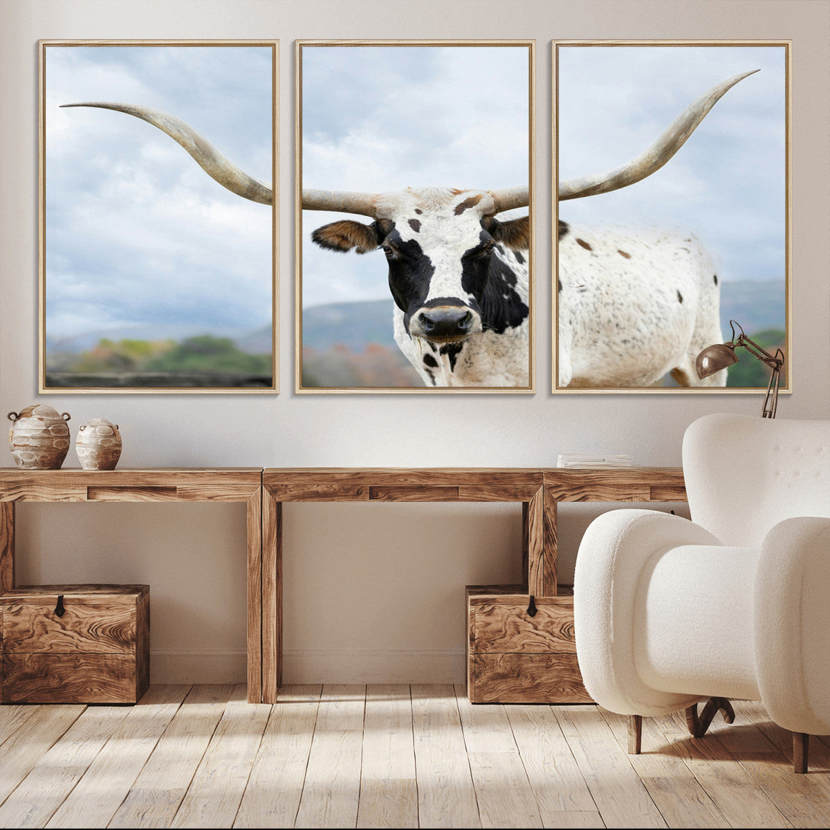 Texas Longhorn Wall Art Canvas Print, Framed Western Rustic Farmhouse