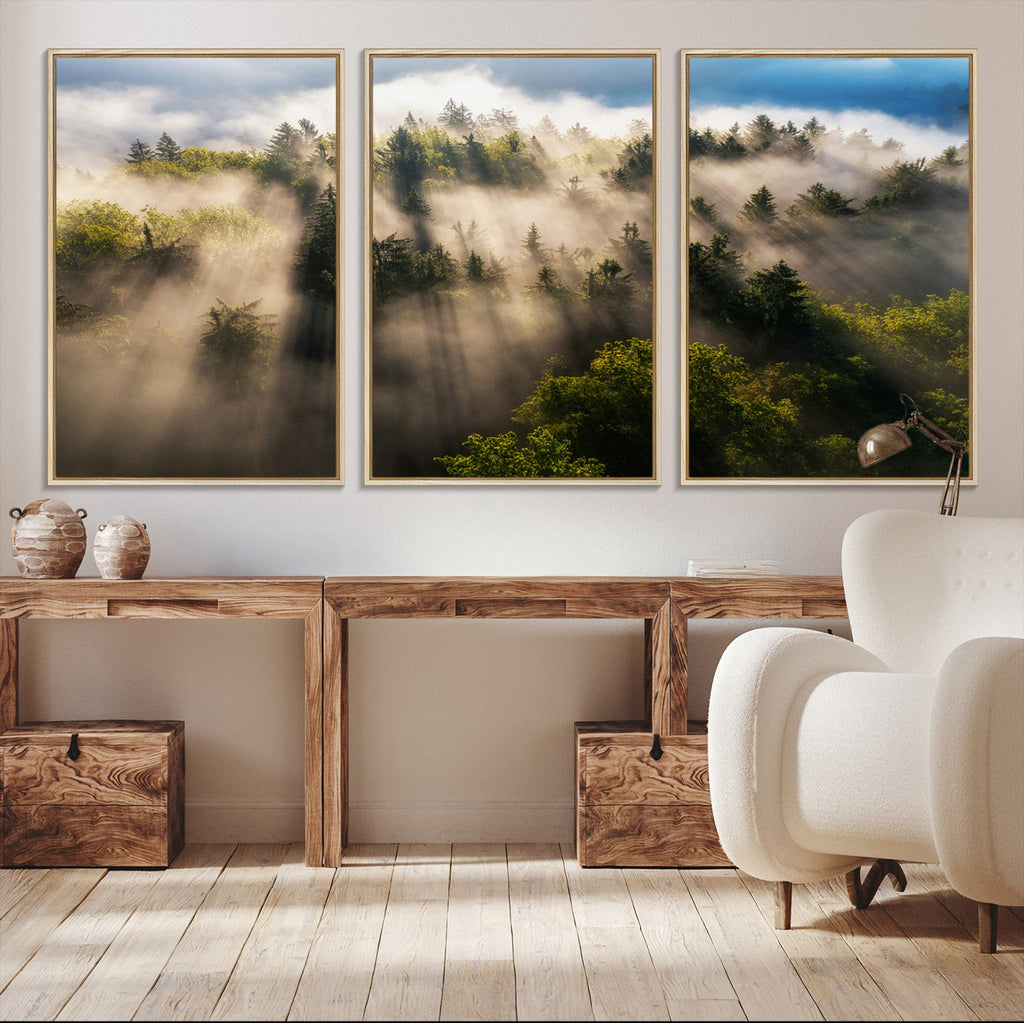 Tranquil Forest Scene Wall Art Canvas Print, Framed Moody Sunbeam Through Trees