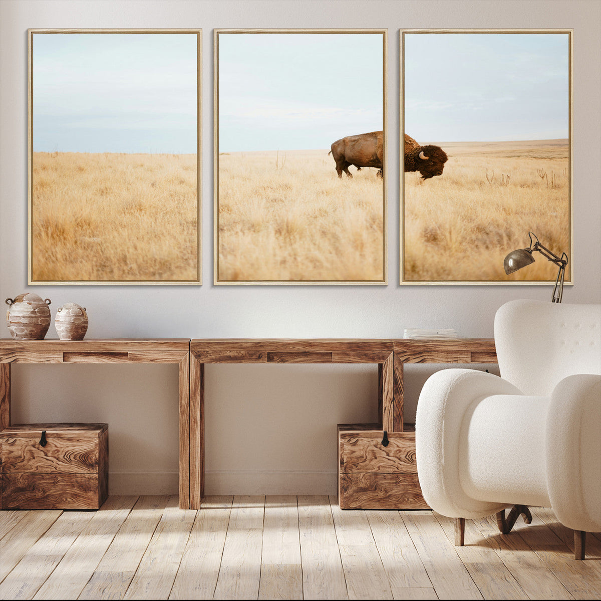 Buffalo Wall Art Canvas Print, Framed Western Wildlife Rustic Prairie Scene