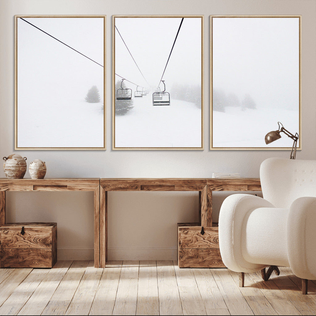 Ski Lift Wall Art Canvas Print, Framed Snowy Landscape Art, Alpine Adventure Nordic Minimalist Decor