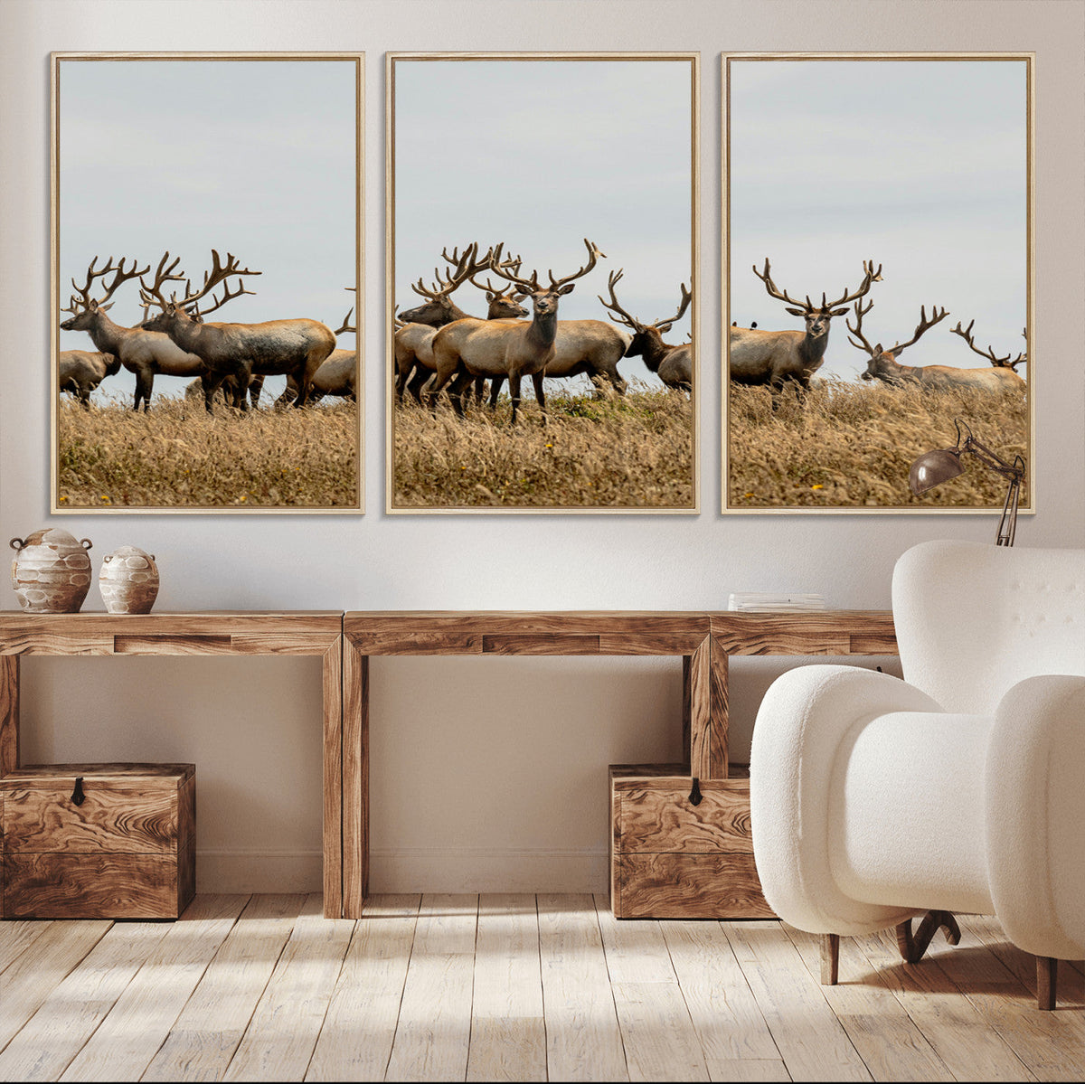 Elk Herd Wall Art Canvas Print, Framed Wildlife Photography Art, Majestic Antlers Rustic Wildlife Decor