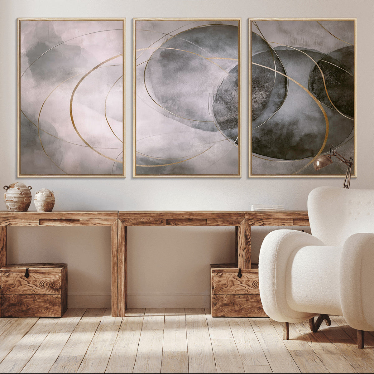 Abstract Grey Gold Wall Art | Modern Geometric Canvas