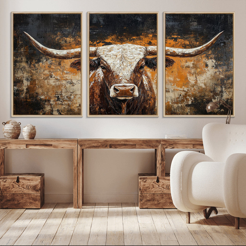 Abstract Longhorn Bull Wall Art Canvas Print, Vintage Western Texas Steer Artwork