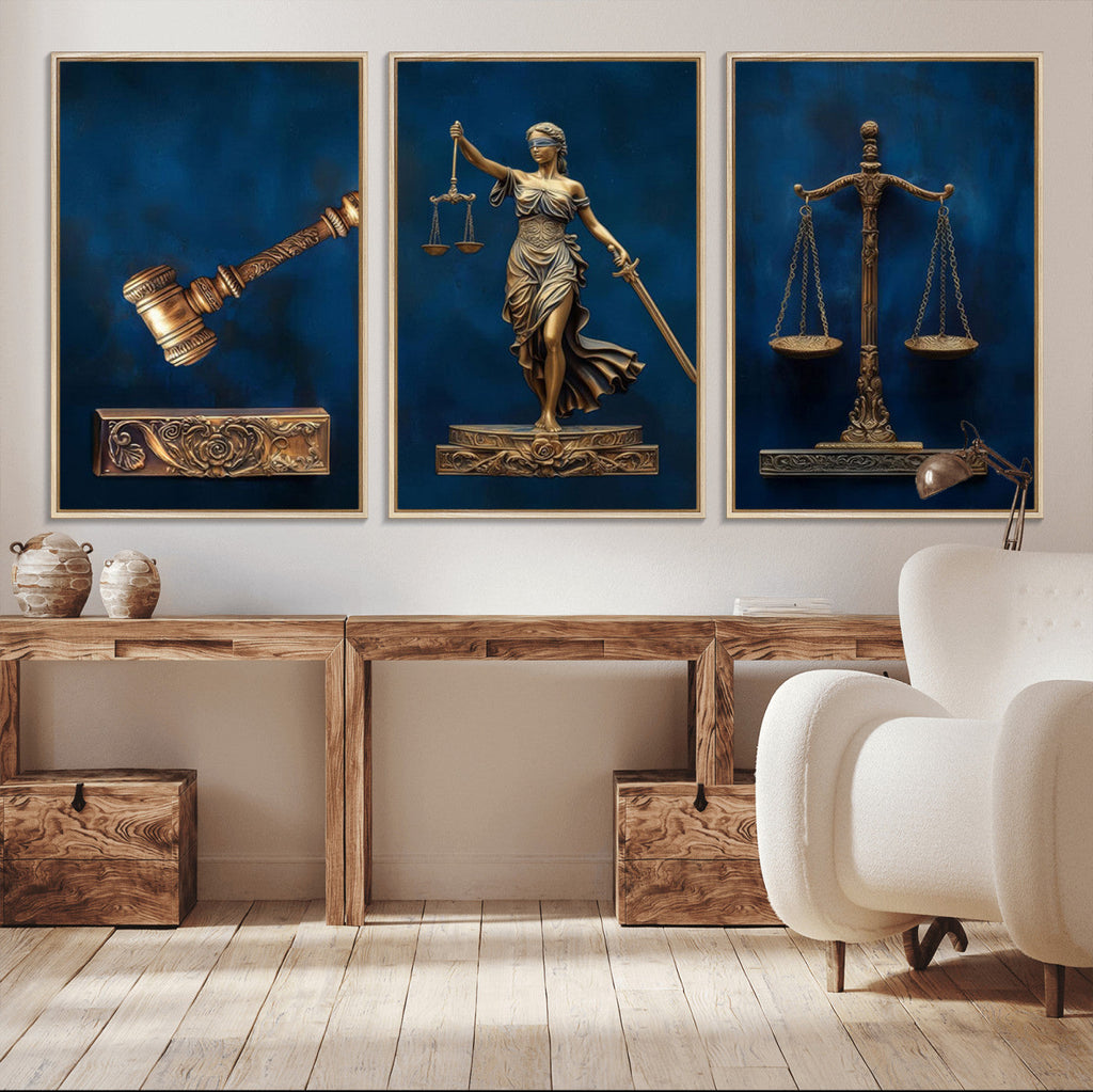 Lady Justice Wall Art Canvas Print, Elegant Gold Legal Symbols on Blue, Law Office Decor