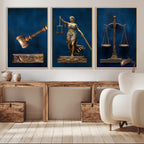 Lady Justice Wall Art Canvas Print, Elegant Gold Legal Symbols on Blue, Law Office Decor