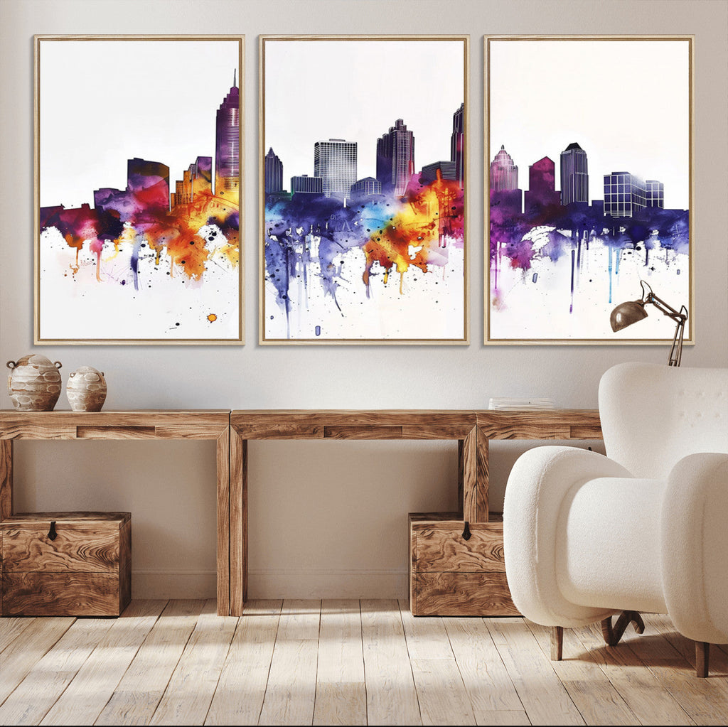 Atlanta Skyline Wall Art Canvas Print, Framed Colorful Watercolor Cityscape