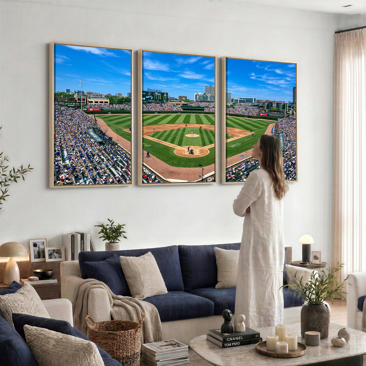 Wrigley Field Baseball Stadium Canvas Wall Art, Packed Crowd and Chicago Skyline