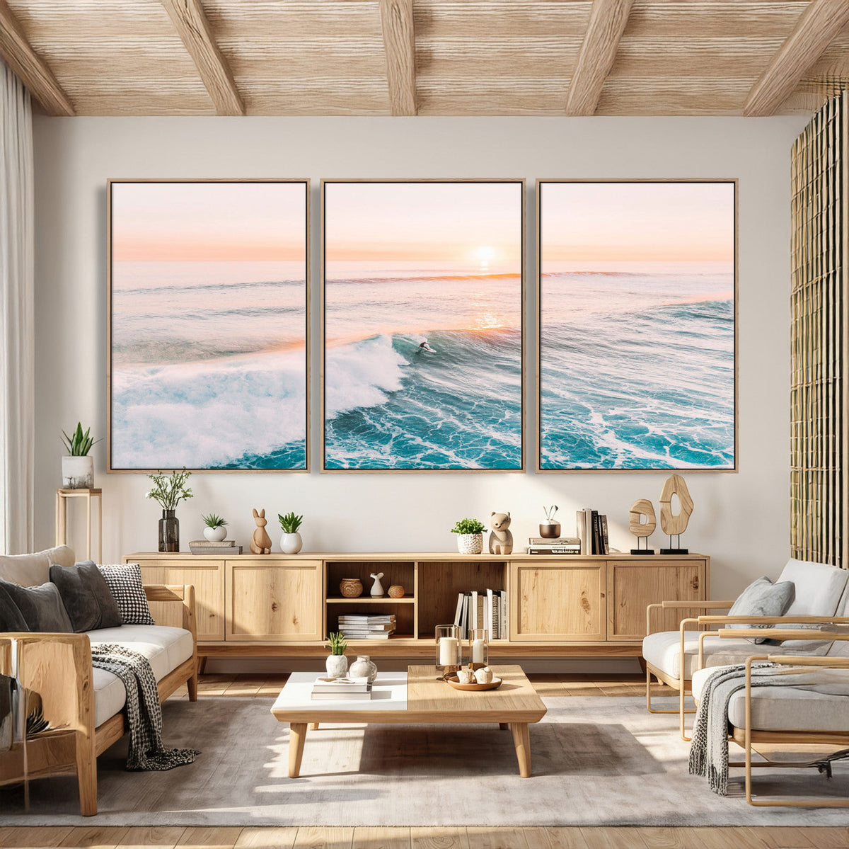 Sunset Surfing Wall Art Canvas Print, Ocean Wave Surfer with Golden Sky