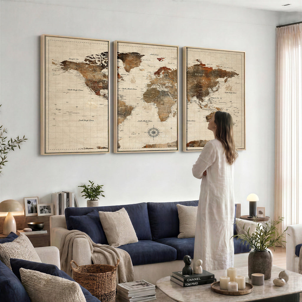 Vintage World Map Wall Art Canvas Print for Living Room, Office and Study