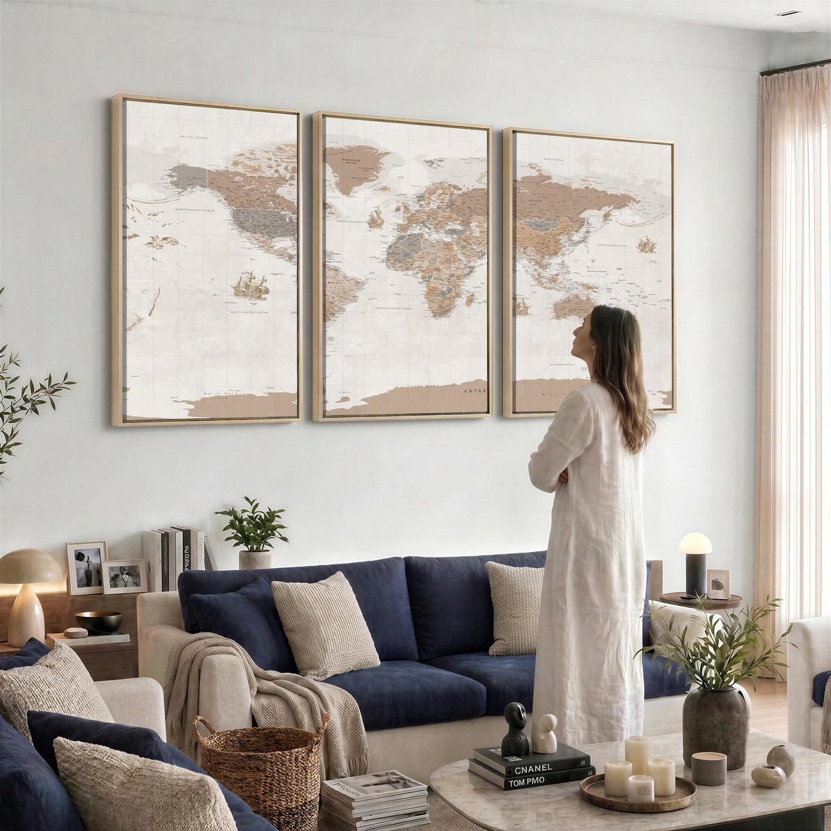 Framed Large World Map Canvas Print for Office Decor