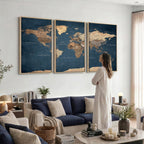 Navy Blue World Map Canvas Print | Framed Travel Map Wall Art
