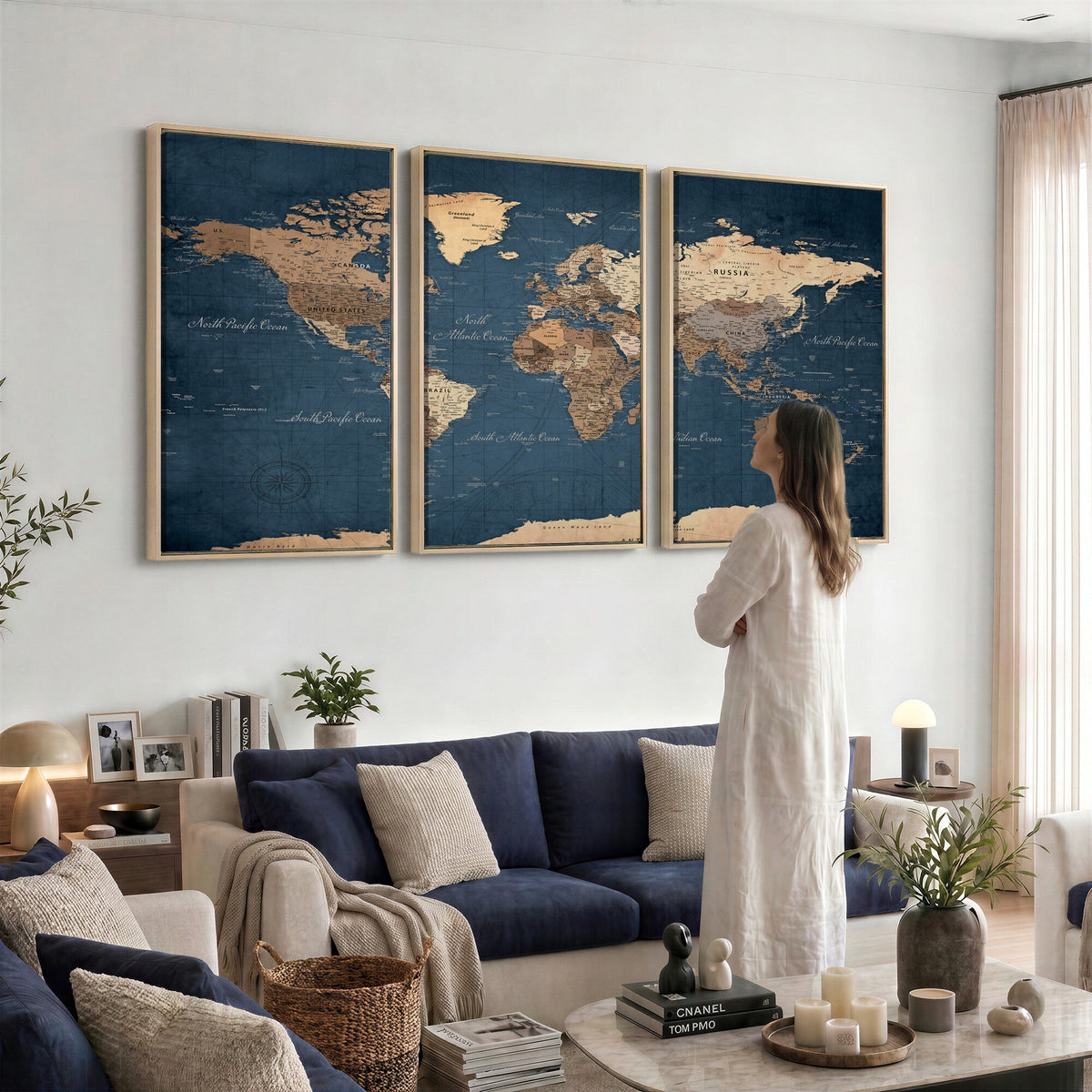 Navy Blue World Map Canvas Print | Framed Travel Map Wall Art