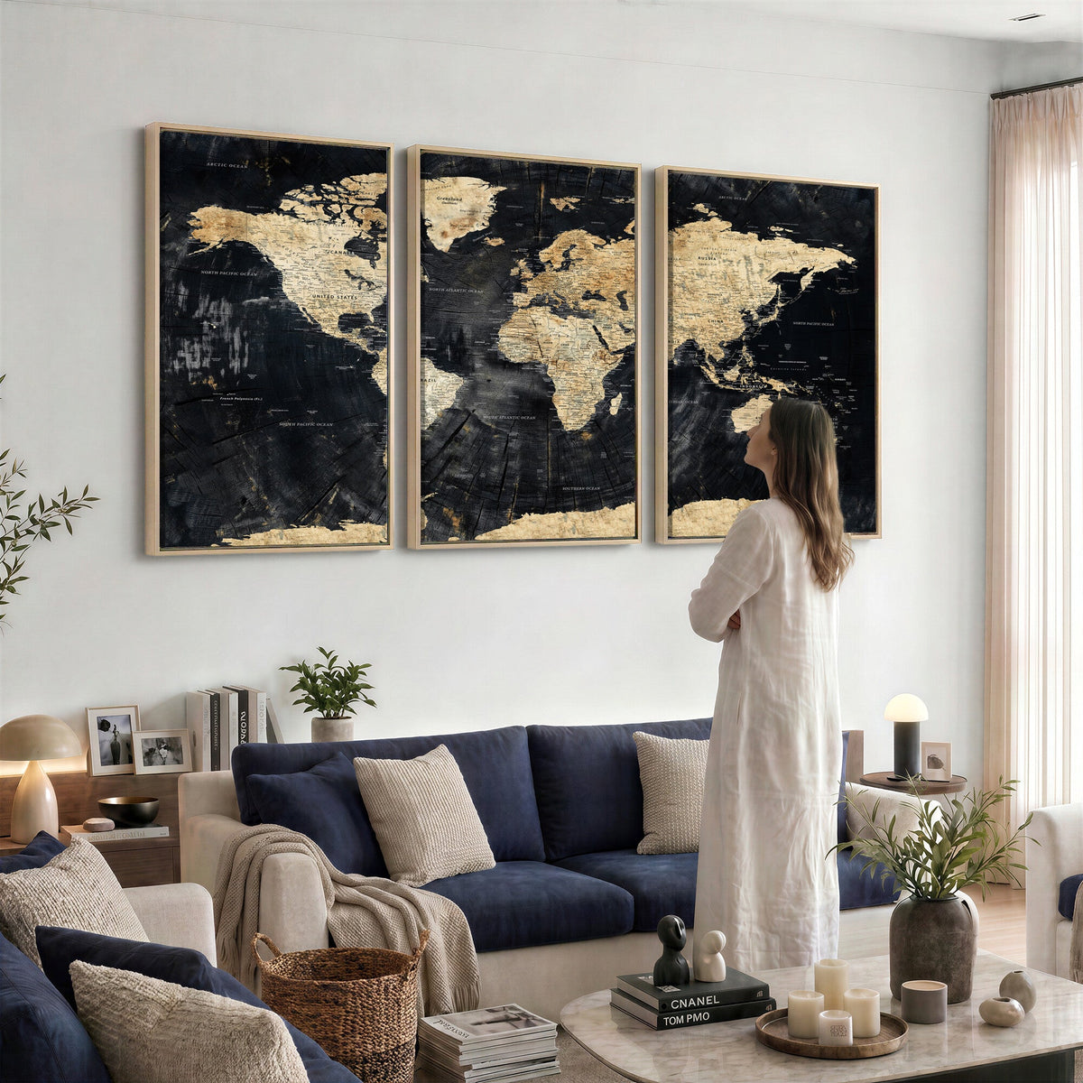 Framed Large World Map Wall Art Canvas Print for Living Room