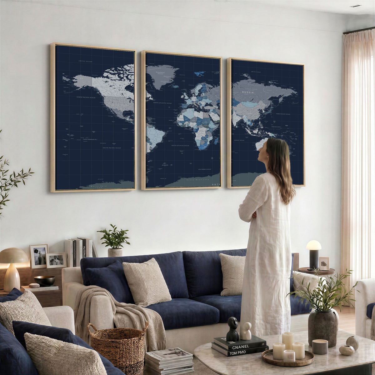 Blue Detailed World Map Wall Art Canvas Print | Modern Framed Map
