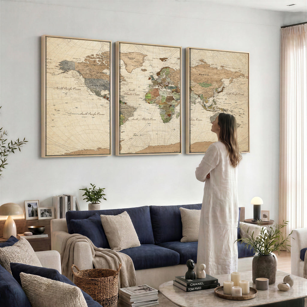 Framed World Map Wall Art for Home and Office Decor