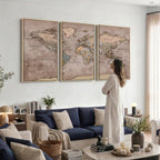 Grunge World Map Canvas Wall Art - Vintage Aged World Map with Golden Tones