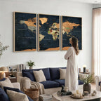 Vintage World Map Canvas Wall Art | Detailed Map with Countries, Oceans and Continents