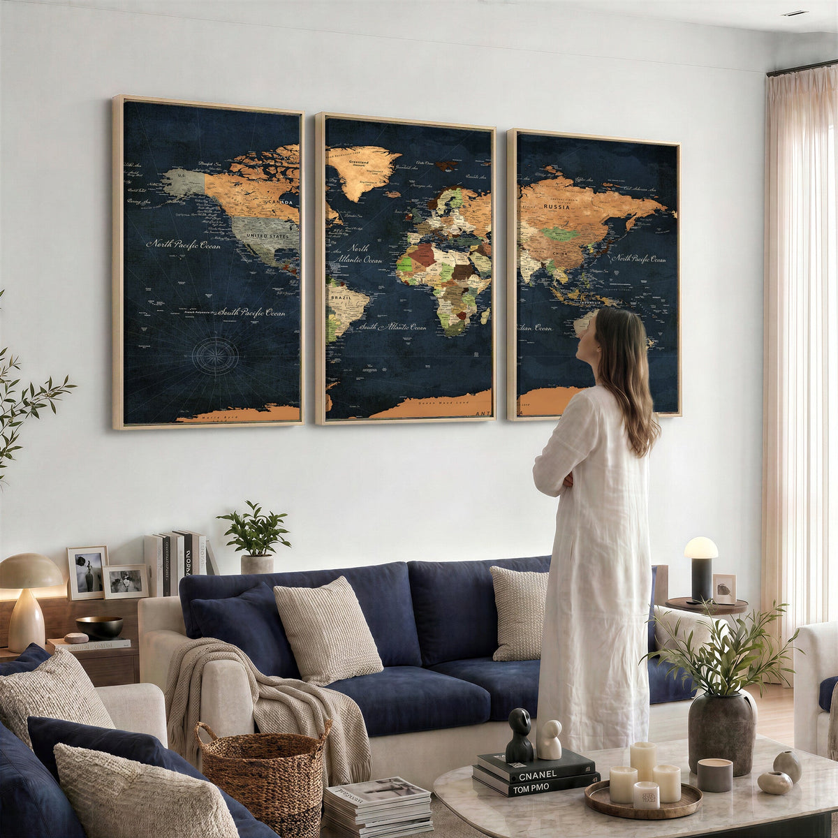 Vintage World Map Canvas Wall Art | Detailed Map with Countries, Oceans and Continents