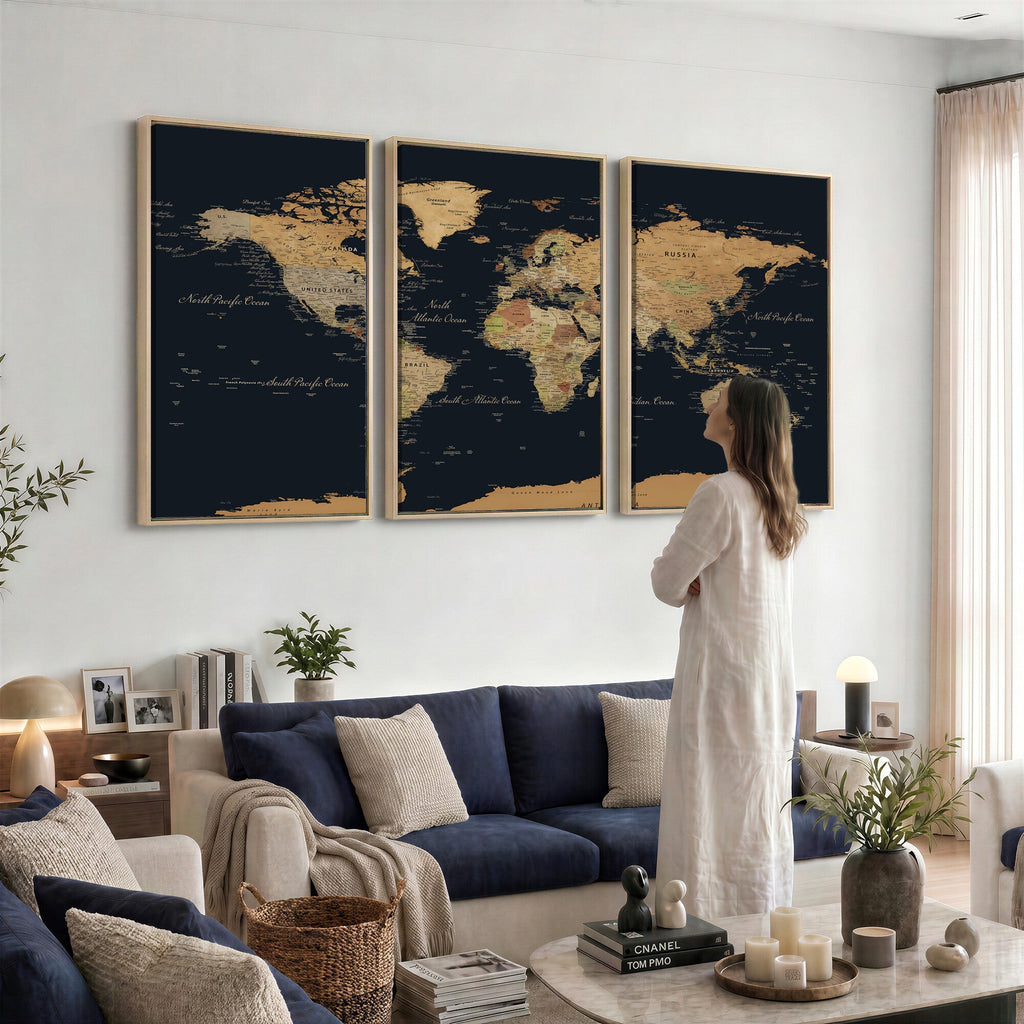 Vintage World Map Earth Globe Countries Oceans Continents