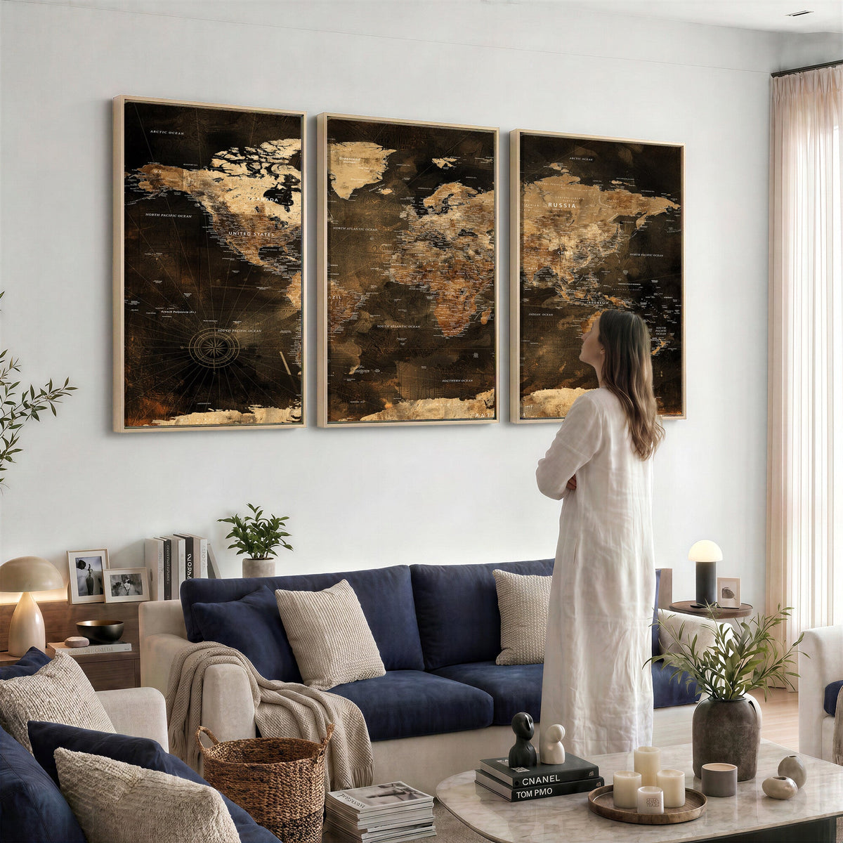 World Map Canvas Print, Modern Decorative Framed Map Artwork