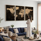 Brown World Map Canvas Print | Modern Travel Map Wall Art