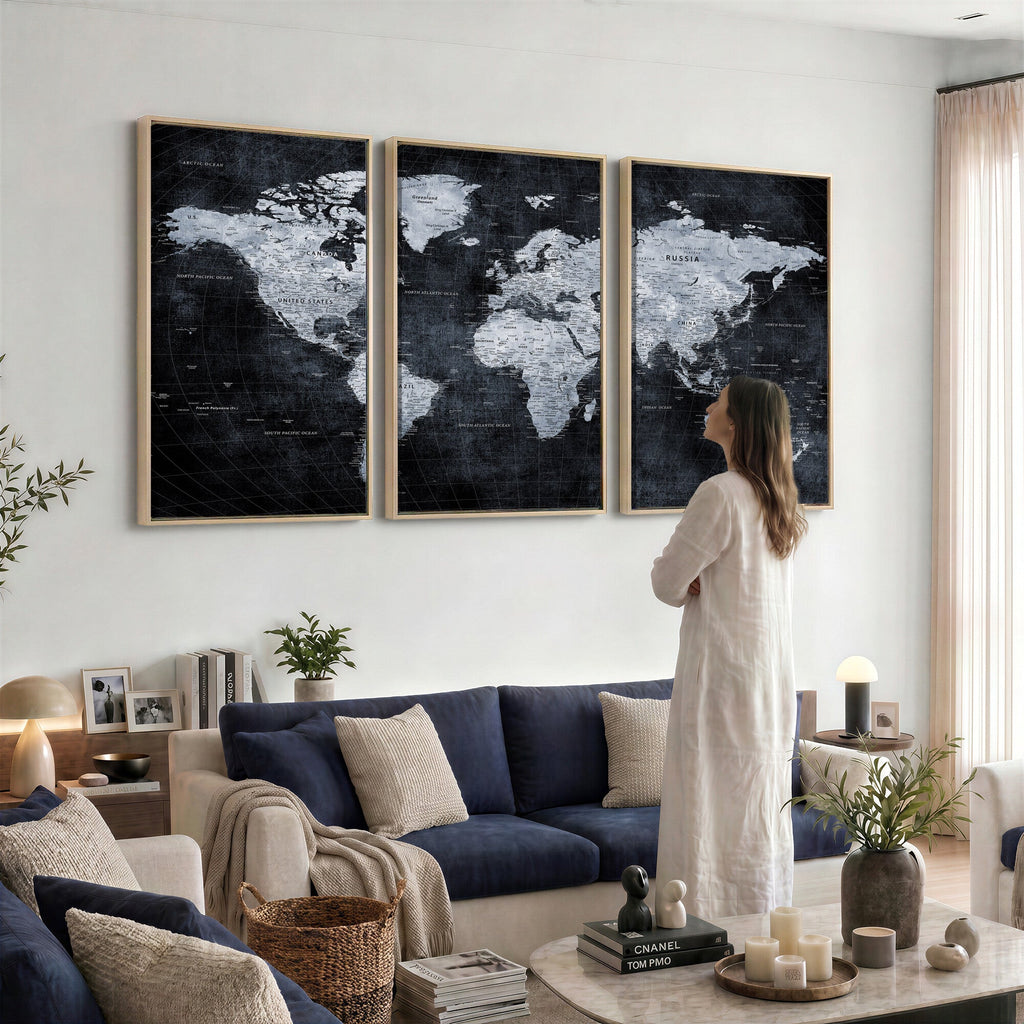 Black World Map Canvas Print | Detailed Map for Couples and Anniversary Gift