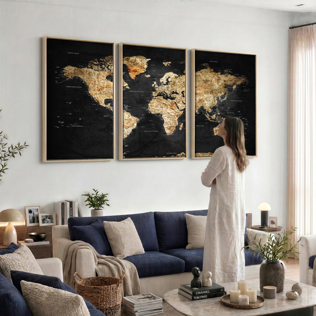 World Map Canvas Wall Art with Famous Landmarks | Framed Travel Map