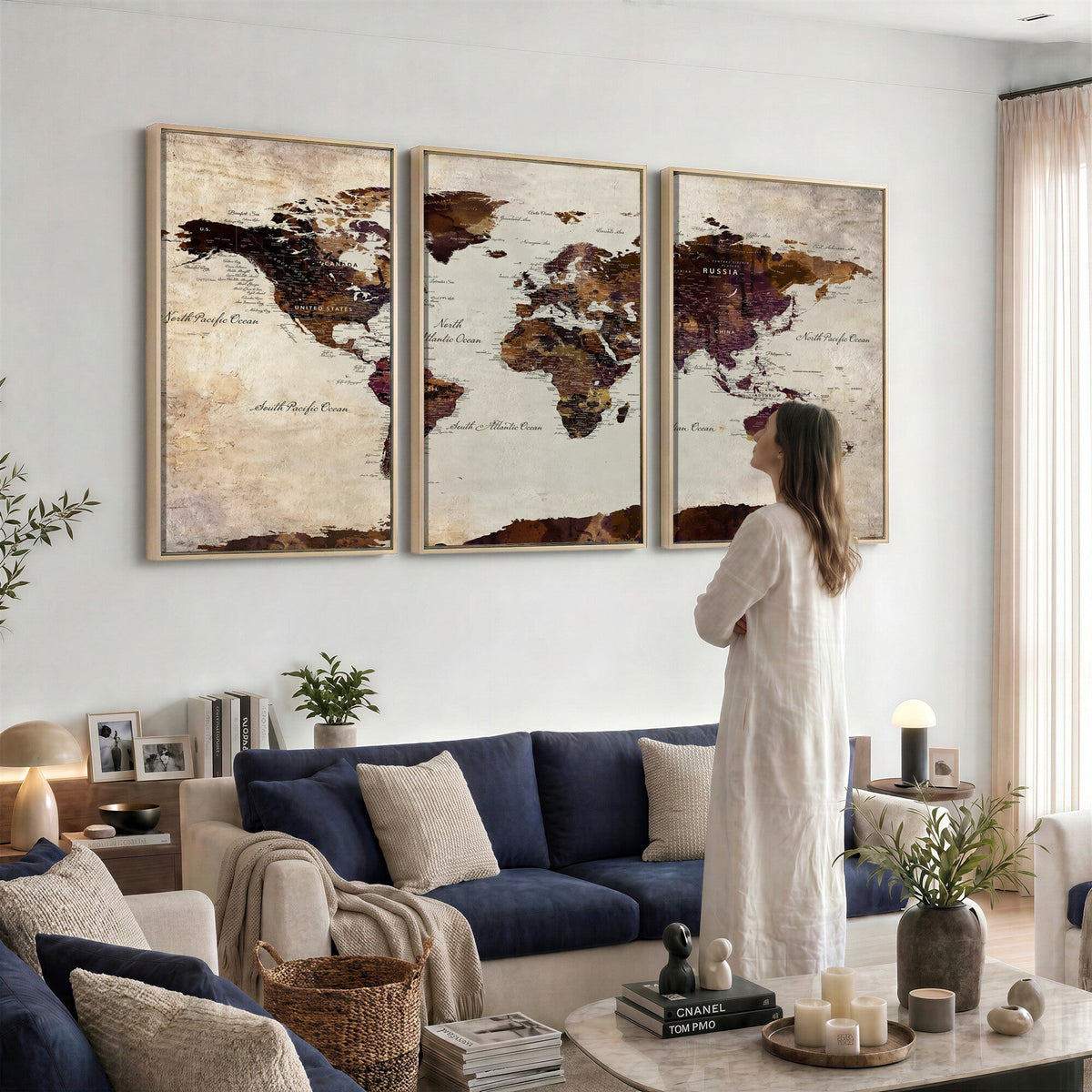 World Map Canvas Triptych | Colorful Global Wall Art for Living Rooms