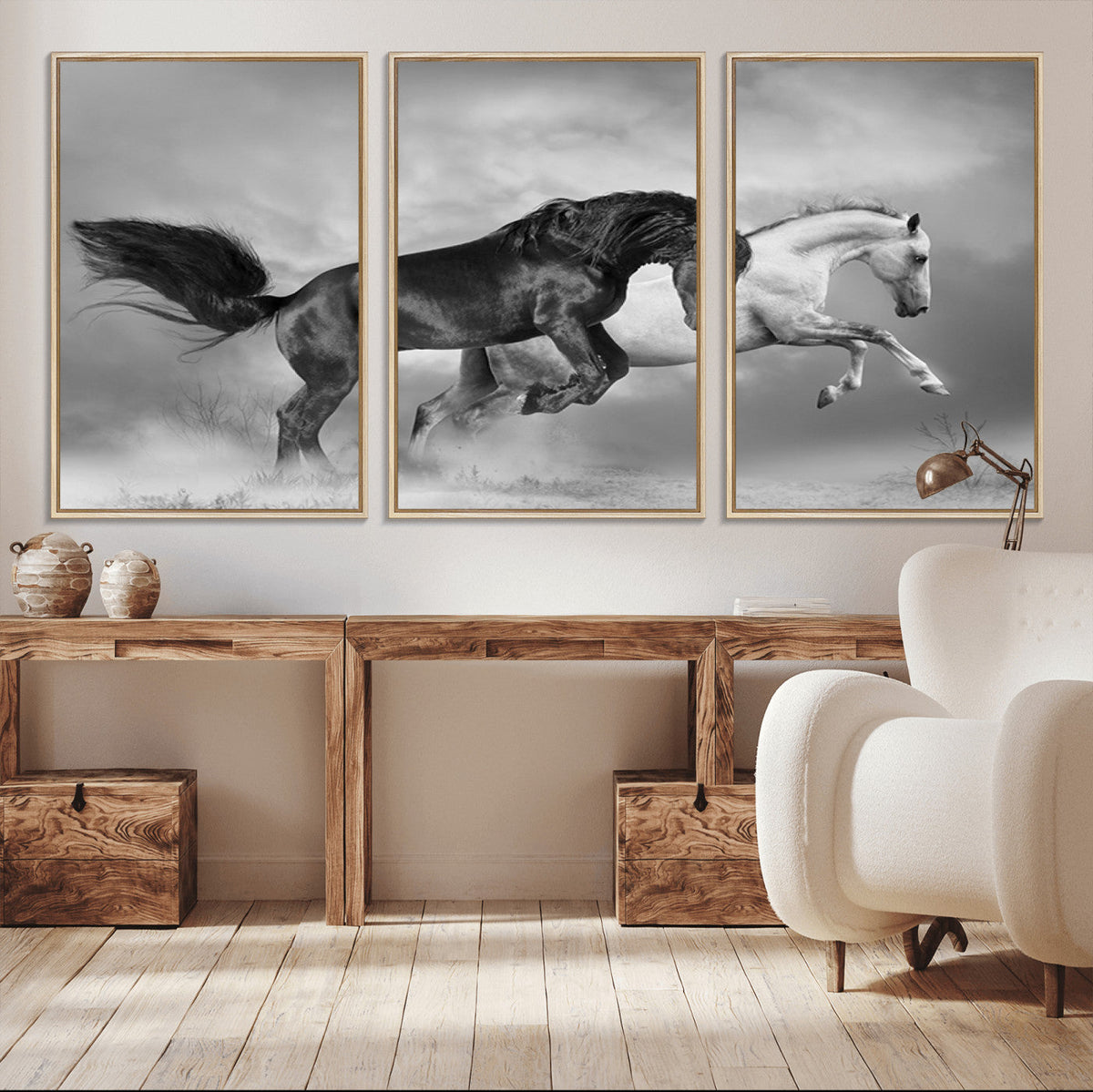 Wild Horses Wall Art Canvas Print, Framed Black and White Galloping Horses