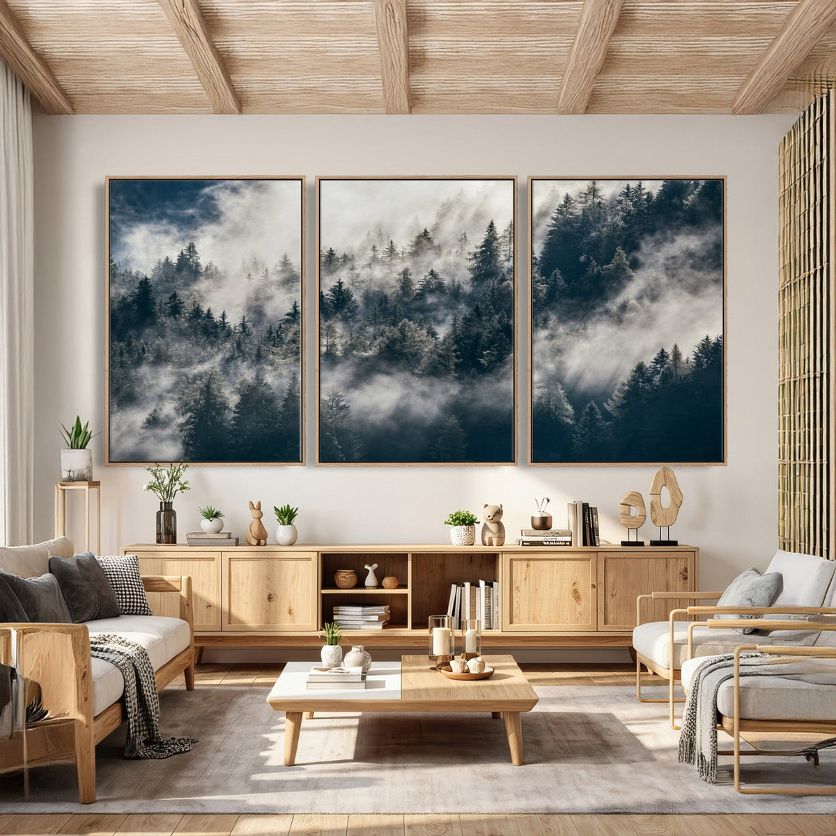 Foggy Mountain Forest Canvas Print, Misty Pine Trees Nature Wall Art
